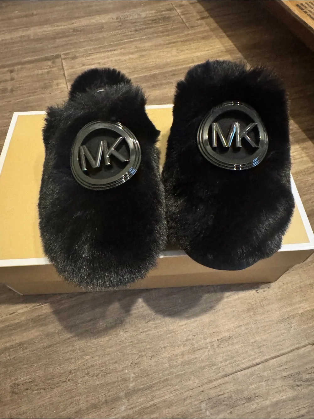 Michael Kors Black Faux-Fur Slip-On Slippers Ada Charm